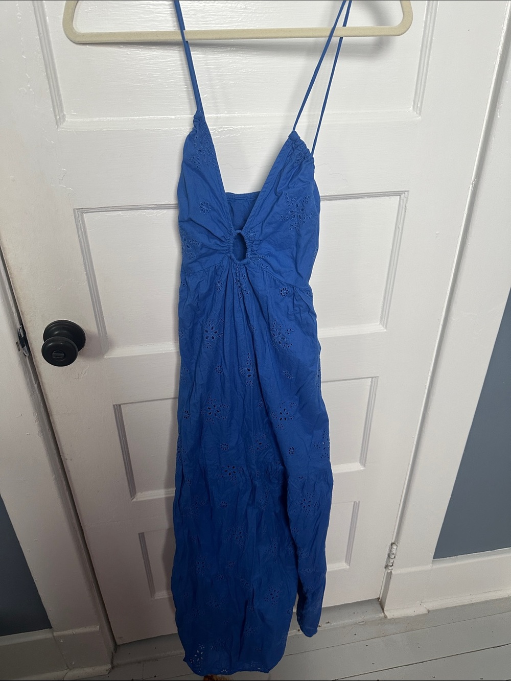 Blue Eyelet Midi Dress with Front Keyhole